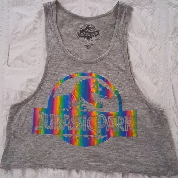 Jurassic Park Racerback Cropped Tank Top with Reflective Neon Rainbow Design - Picture 3 of 4